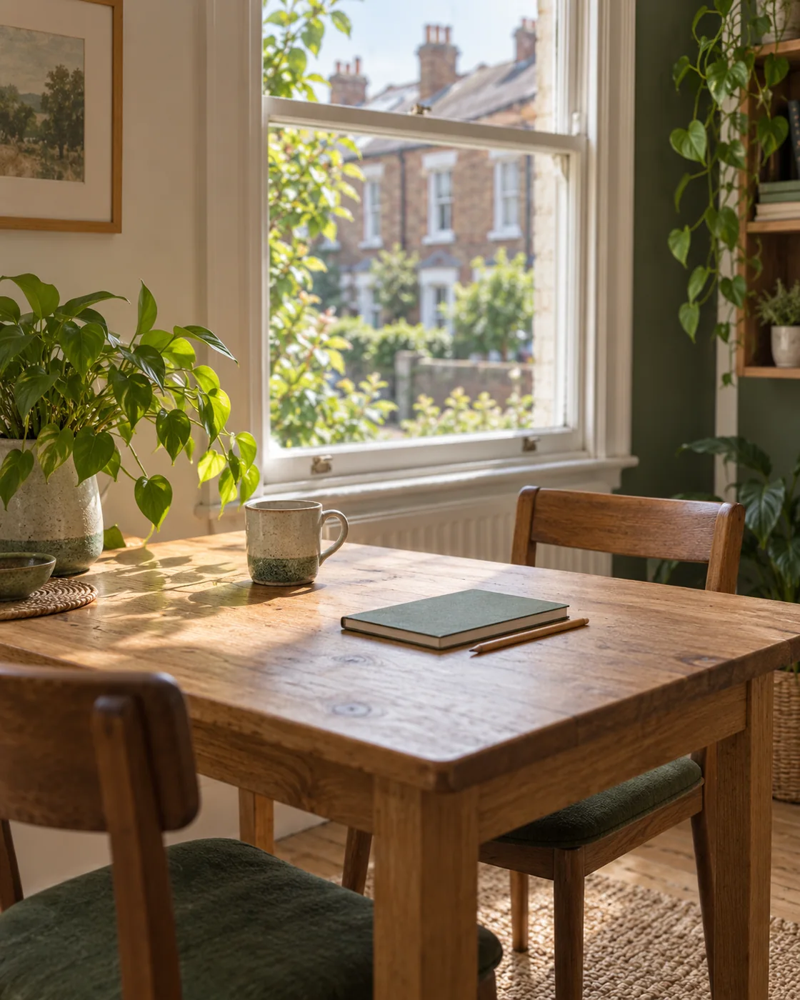 Illustration of a welcoming room with a wooden table, a notebook and plants beside a window.